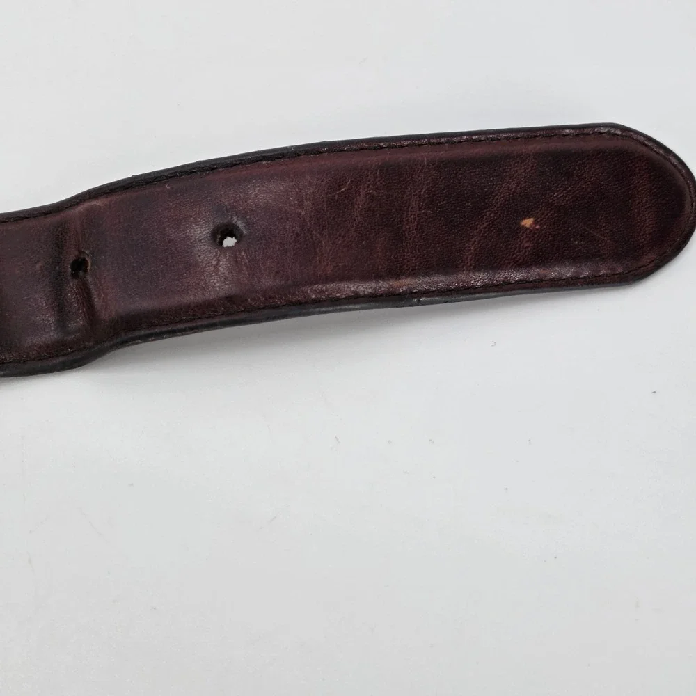VTG Brown Leather Belt Mens 42 Oil Tanned Cowhide Solid Brass Woven Link 2534-02